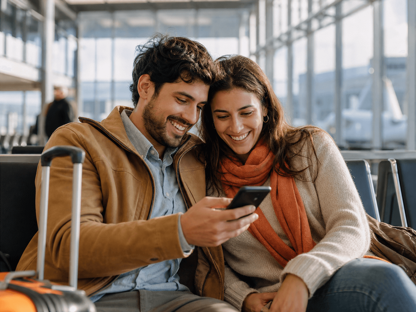 Dos viajeros mirando un celular en el aeropuerto